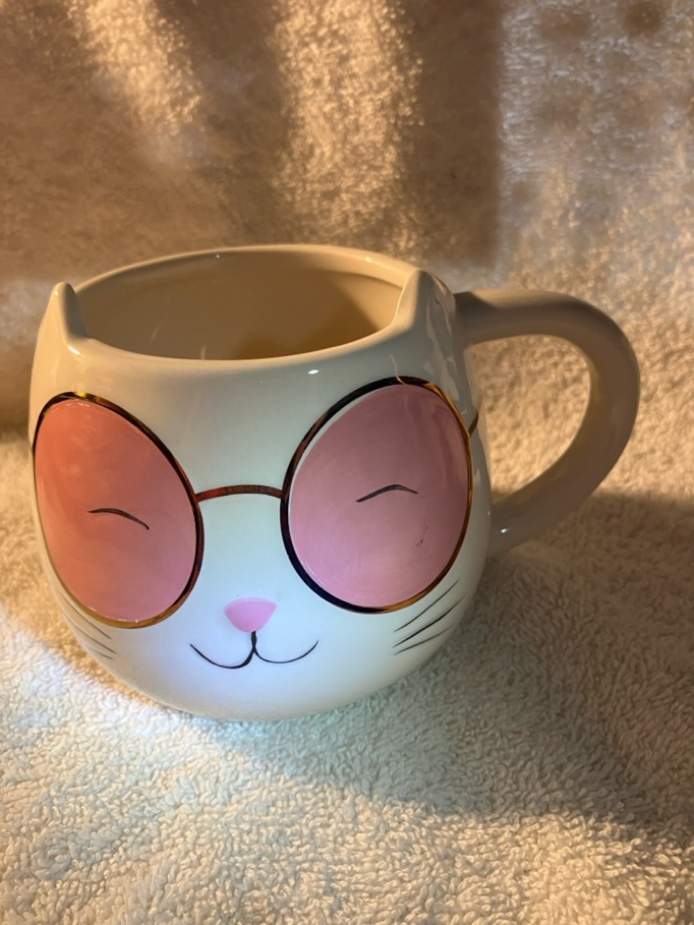 Cost Plus World Market White Ceramic Cat Mug with Pink Sunglasses